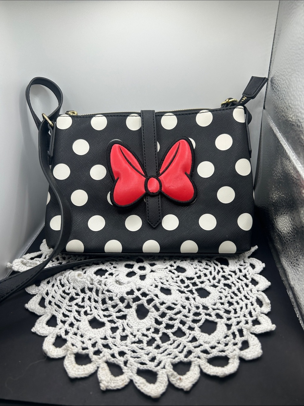 Disney Black Polka Dot Crossbody with Red Bow Accent